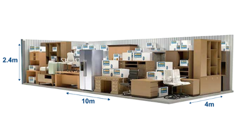 40+ m² storage unit filled with desks, chairs, shelving, a fridge and boxes of stock